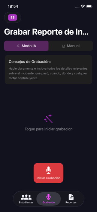 Bitácora iOS app, AI incident recording screen